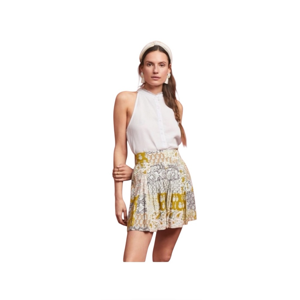 Anthropologie Maeve Flowy Patchwork Pleated Shorts